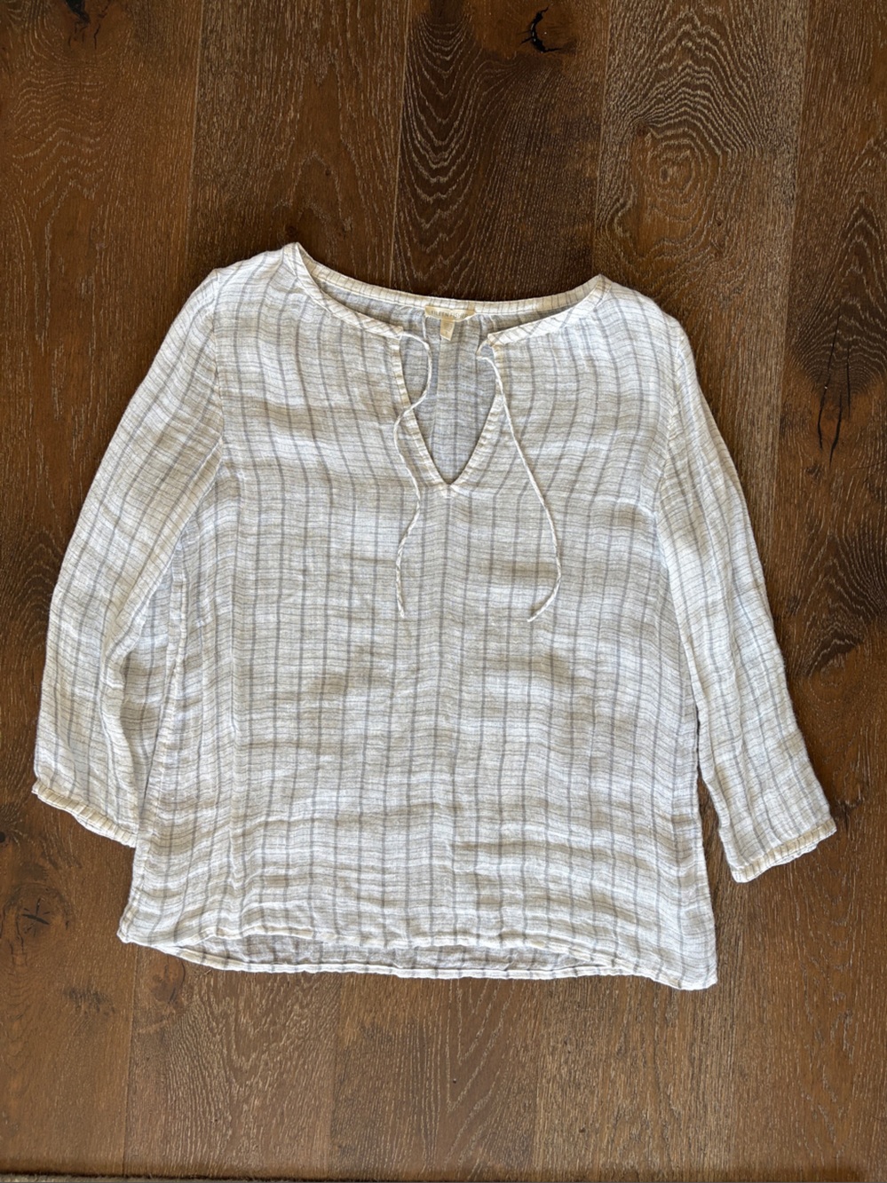 Eileen Fisher Italian Linen Gauze Windowpane Plaid Blouse Top White Grey S